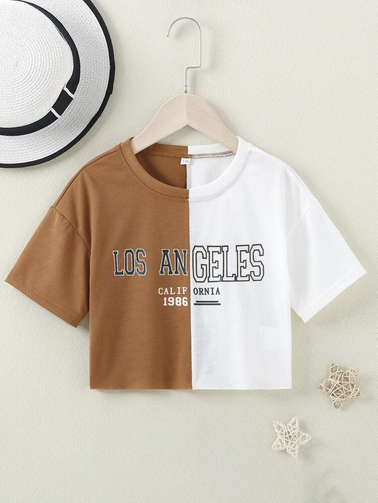 Girls Letter Graphic Two Tone Drop Shoulder Tee | SHEIN