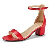 Kivors Women's Single Band Classic Chunky Block High Heel Sandals with Ankle Strap Dress Shoes Red | Amazon (US)