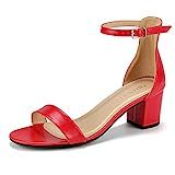 Kivors Women's Single Band Classic Chunky Block High Heel Sandals with Ankle Strap Dress Shoes Red | Amazon (US)