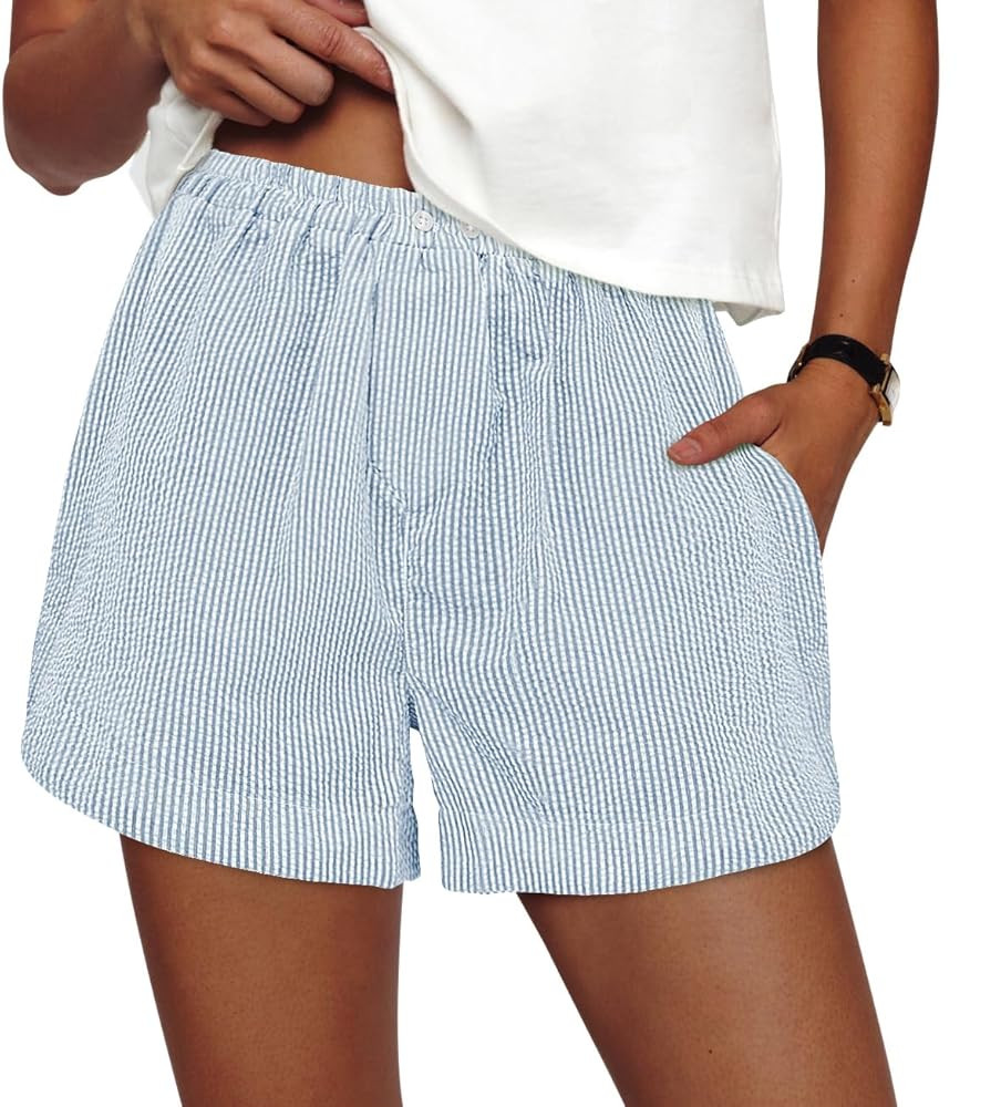 PRETTYGARDEN Women's Shorts Summer 2025 Trendy Striped Boxer Elastic Waist Casual Lounge Sleep Pa... | Amazon (US)