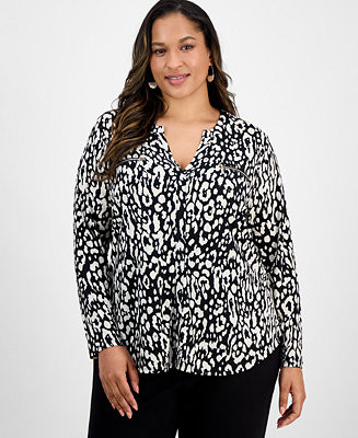 Plus Size Printed V-Neck Long-Sleeve Top | Macy's