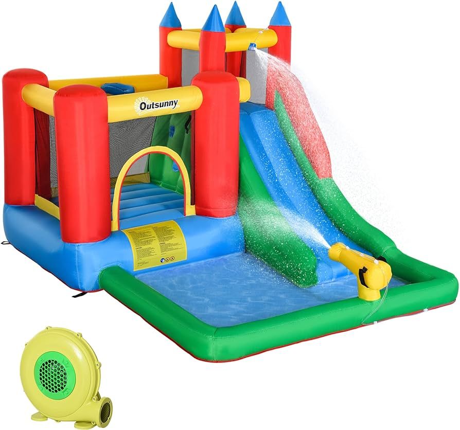 Outsunny 6-in-1 Kids Bounce House Inflatable Water Slide with Pool, Water Cannon, Climbing Wall, ... | Amazon (US)