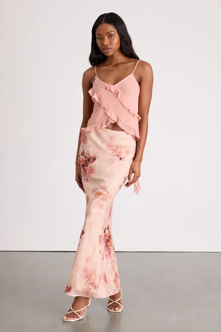 Adara Blush Floral Jacquard Slip Maxi Skirt | Lulus