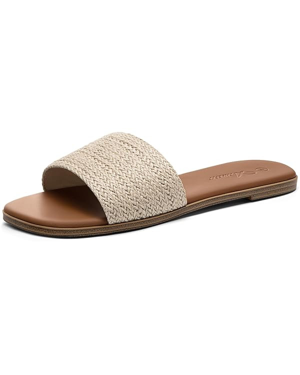 Athlefit Flat Sandals for Women Summer Raffia Square Toe Comfortable Slip On Dressy Casual Slide ... | Amazon (US)