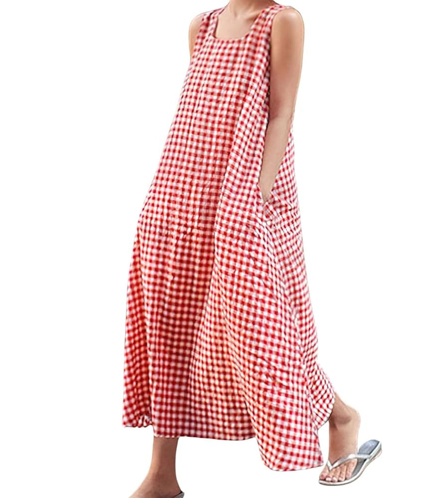 chouyatou Women's Summer Casual Loose-Fit Cotton Plaid Tank Maxi Dress with Pockets Boho Beach Su... | Amazon (US)