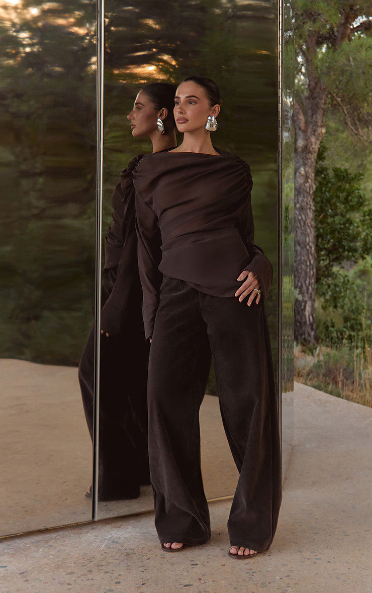 Khaki Faux Suede Straight Leg Trousers | PrettyLittleThing UK