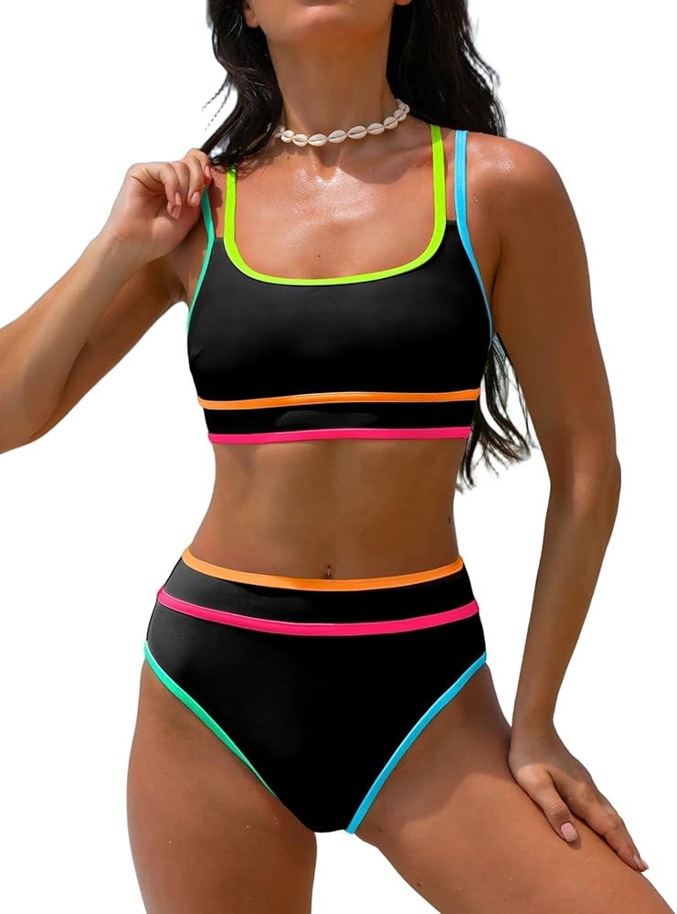 popvil Women's High Waisted Bikini Sets Neon Two Piece 2026 Swimsuit Sporty Adjustable Straps Bat... | Amazon (US)