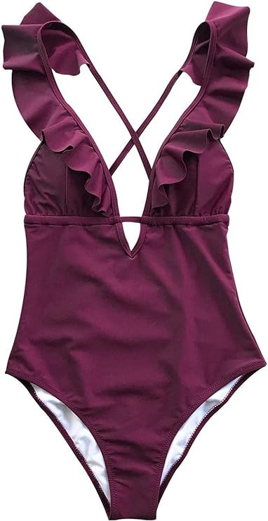CUPSHE Women's One Piece Swimsuit Ruffle Deep V Neck Strappy Swimwear Bathing Suits | Amazon (US)