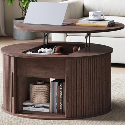 LINSY Lift Top Coffee Table, Round Fluted Coffee Table with Storage, Mid Century Modern Wooden Coffee Tables with Sliding Tambour Door, 31.5" Center Table for Living Room, Office, Small Space, Walnut | Amazon (US)