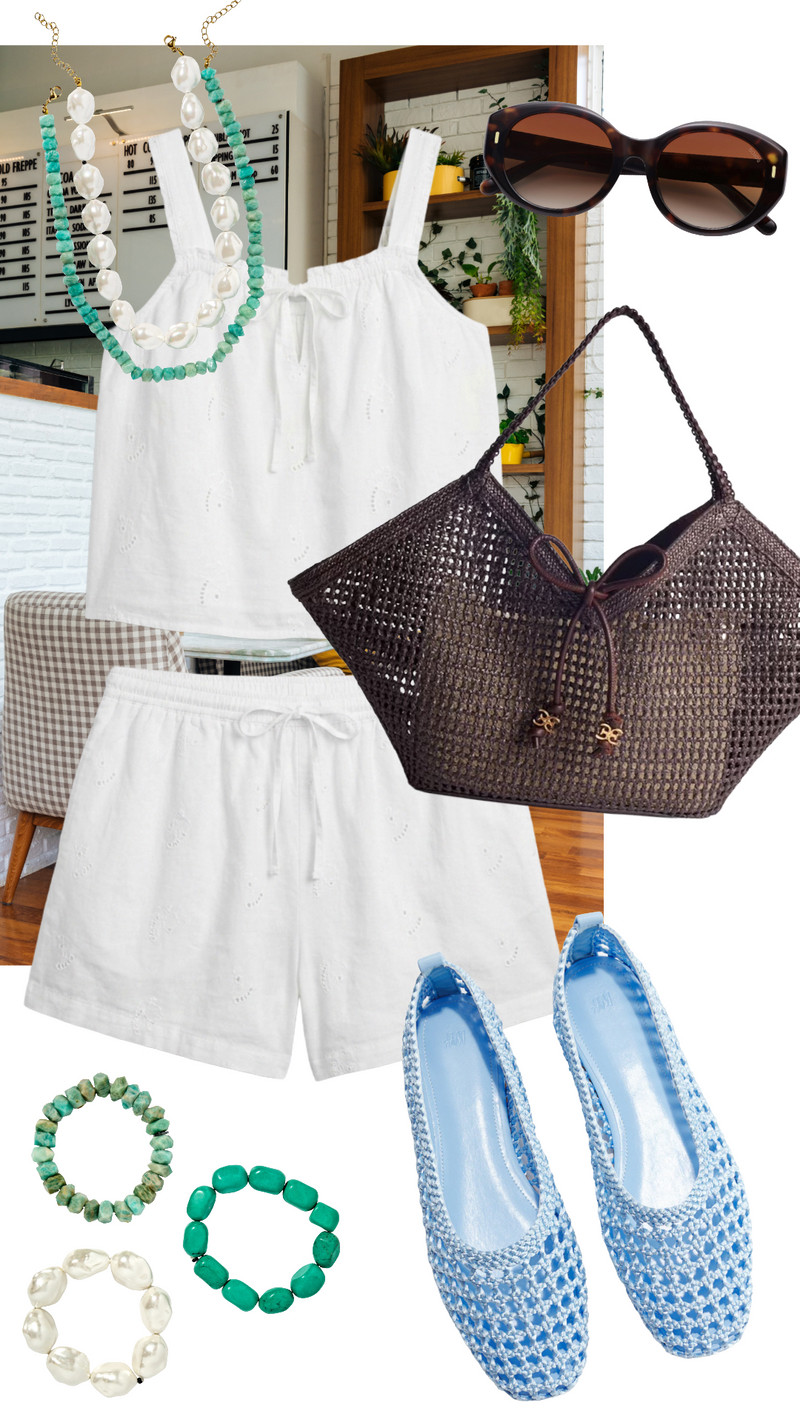 I am seriously obsessed with how this white eyelet set looks paired with those light blue mesh flats! The turquoise and pearl jewelry add the perfect pop of color to this effortless summer coffee date outfit. ☕️🩵✨ 

 #LTKgrwm #LTKootd #LTKSeasonal