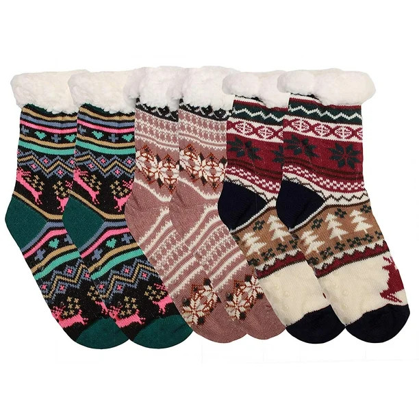 Winter-Weight Thermal Fleece-Lined Cozy Christmas Holiday Sherpa Lined Slipper Socks, 3 Pair Pack... | Walmart (US)
