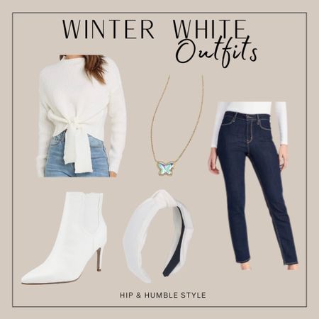 Winter white outfit idea- white sweater , white booties, headband , necklace , dark skinny jeans 

#LTKstyletip #LTKunder50 #LTKFind