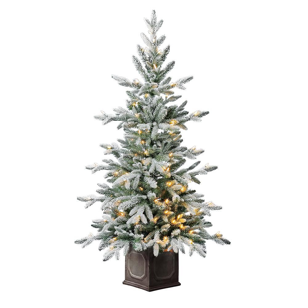 4.5 ft LED Pre-Lit Sugared Potted Artificial Christmas Tree with 100 Warm White Lights | The Home Depot