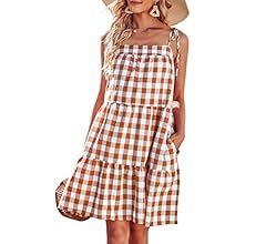 Potany Women's Summer Dresses Spaghetti Strap Mini Dress Plaid Tiered Ruffle Loose Short Flowy Pl... | Amazon (US)