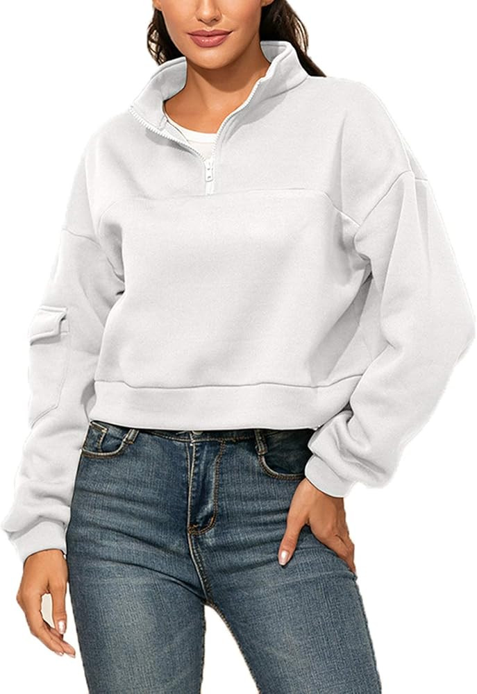 CORIRESHA Womens Solid Color Cropped Sweatshirts Long Sleeve High Collar Quarter 1/4 Zip Coat | Amazon (US)