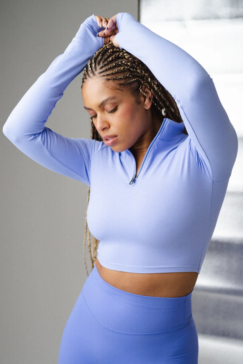 The Refine Cropped Zip - Xenon - Vitality Logo | Balance Athletica