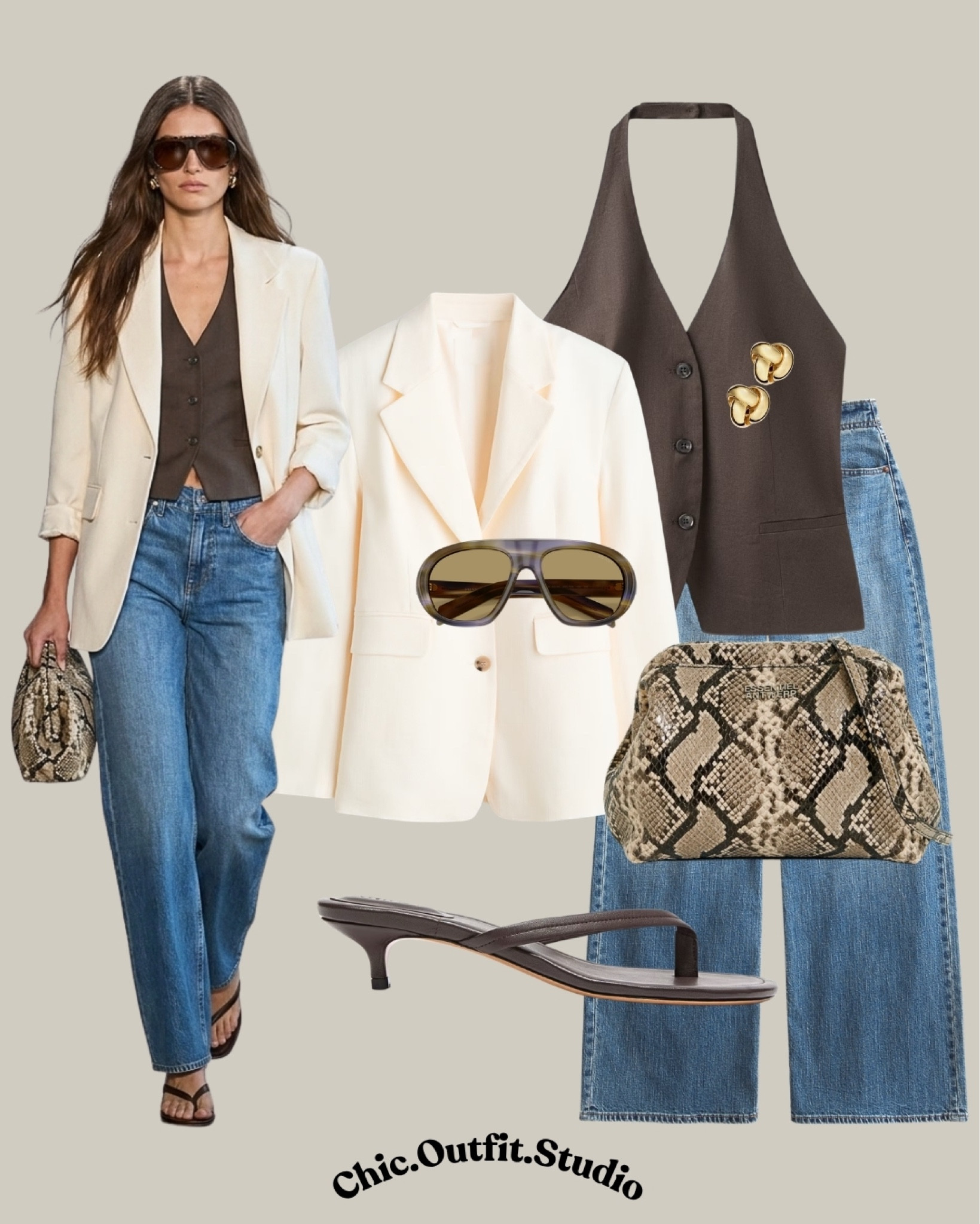 An effortlessly chic spring-summer outfit you’ll keep reaching for 🤎
✨ The brown halterneck vest paired with relaxed blue jeans and an oversized cream blazer feels elegant, modern & so easy to style. Finished with sleek sandals, gold jewelry and a snake-print clutch for that elevated touch.

✨ Perfect for lunch dates, casual office days, city strolls or summer dinners out 

✨ Tags: halterneck vest outfit, cream blazer outfit, spring summer style, chic casual outfits, relaxed jeans outfit, dark brown outfit, effortless chic style, elevated basics, classy summer looks, neutral outfit inspiration

#LTKsummer #LTKspring #LTKshoes