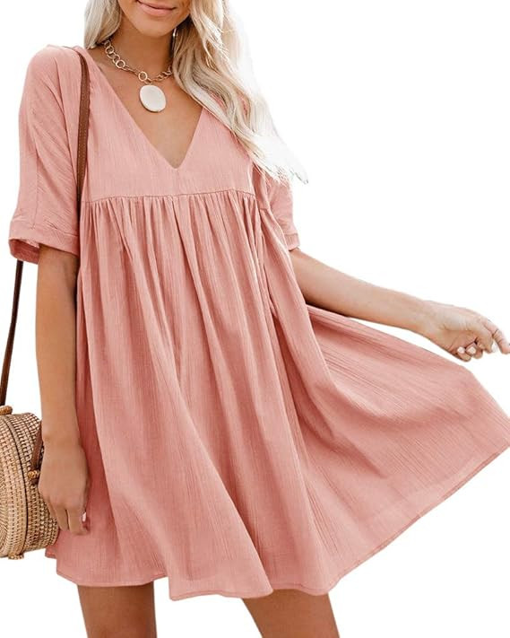 Hestenve Women's Short Sleeve V Neck Pleated Babydoll Solid Color Tunic Party Swing Mini Dress | Amazon (US)