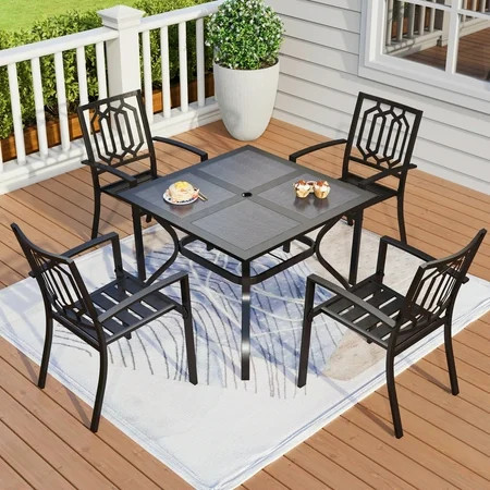 5-Piece Outdoor Patio Dining Set, All-Weather Metal Steel Furniture with Stacking Chairs & Square Table with Umbrella Hole, Black | Walmart (US)