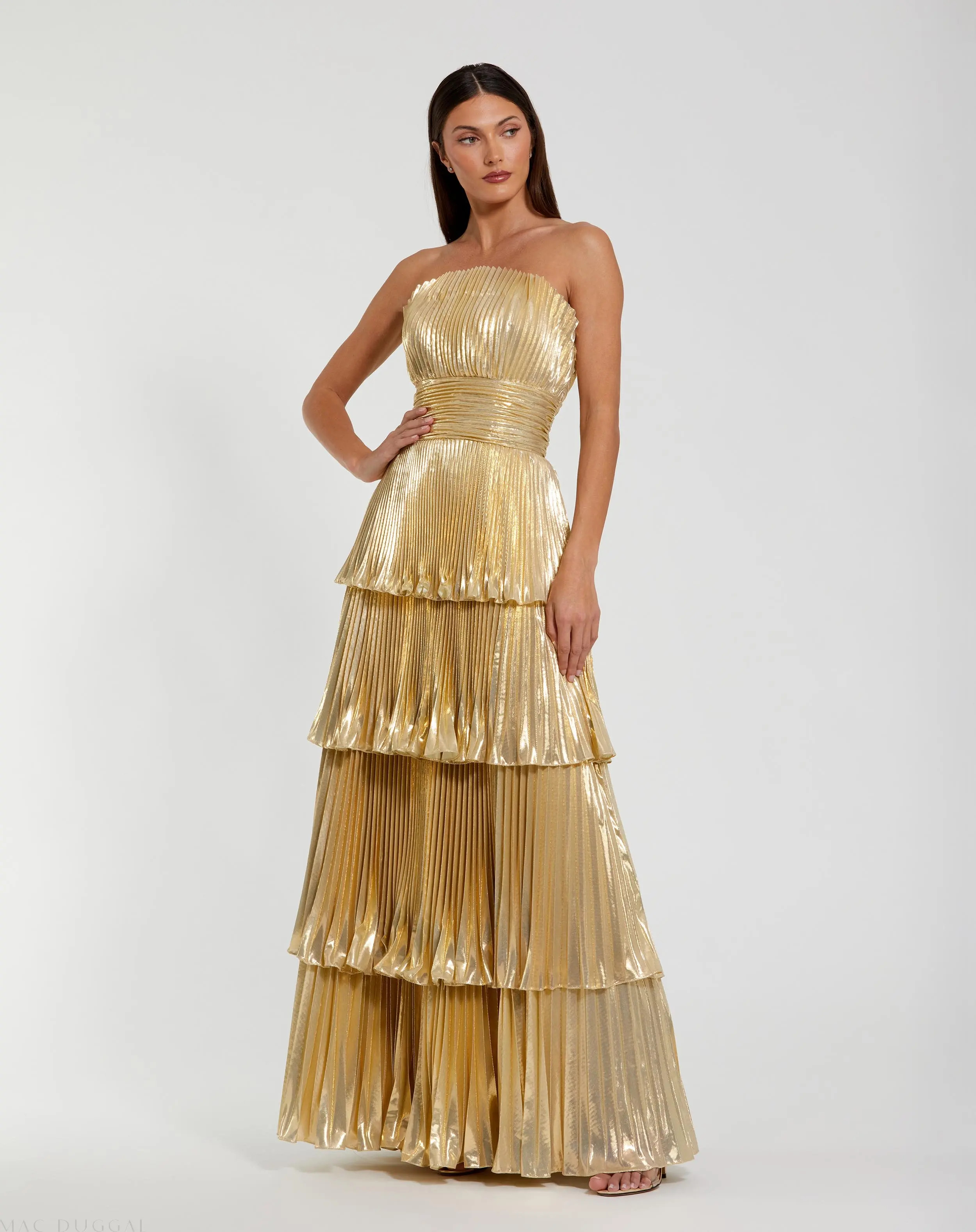 Gold Strapless Pleated Metallic Layered Ruffle Gown | Mac Duggal | Mac Duggal