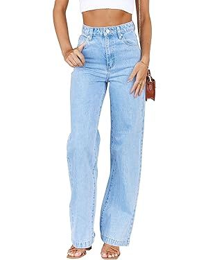 ETTELO Womens Jeans Mid Waisted Straight Leg Loose Stretchy Lightweight Tummy Control Trendy Jean... | Amazon (US)