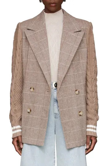 Avec Les Filles Double Breasted Mixed Media Blazer in Oat Windowpane at Nordstrom Rack, Size X-Small | Nordstrom Rack