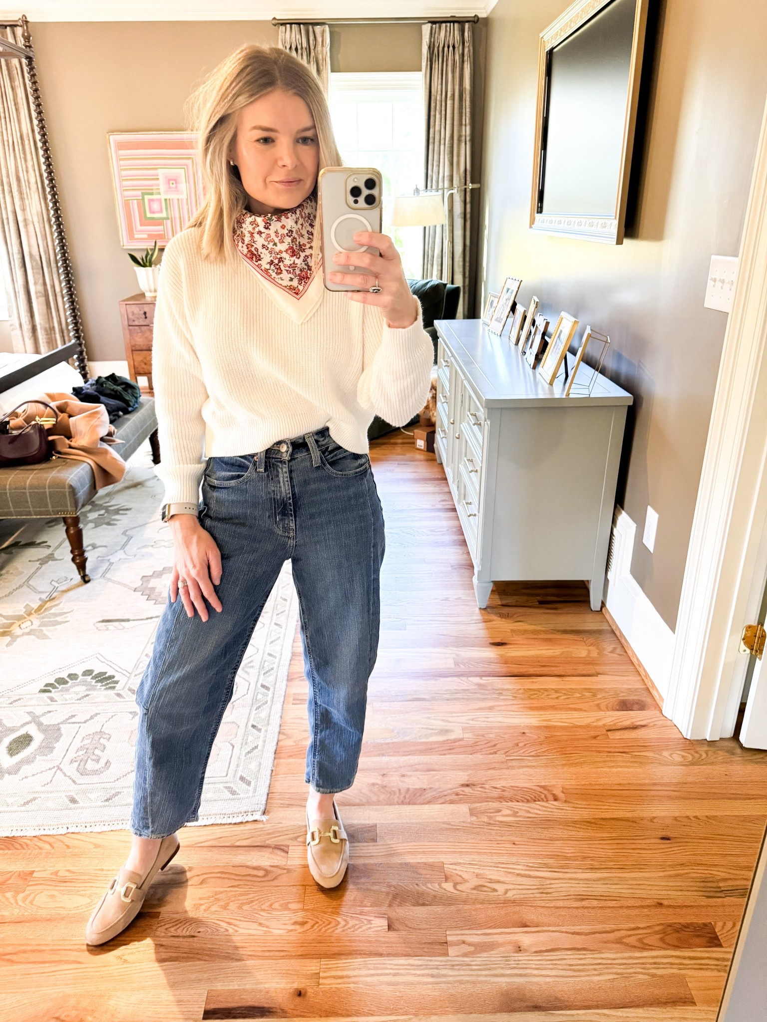 Simple but make it chic. Exact scarf is Sezane and loafers target, both old but have tagged similar options! Jeans run TTS  

#LTKootd #LTKgrwm #LTKdayinmylife