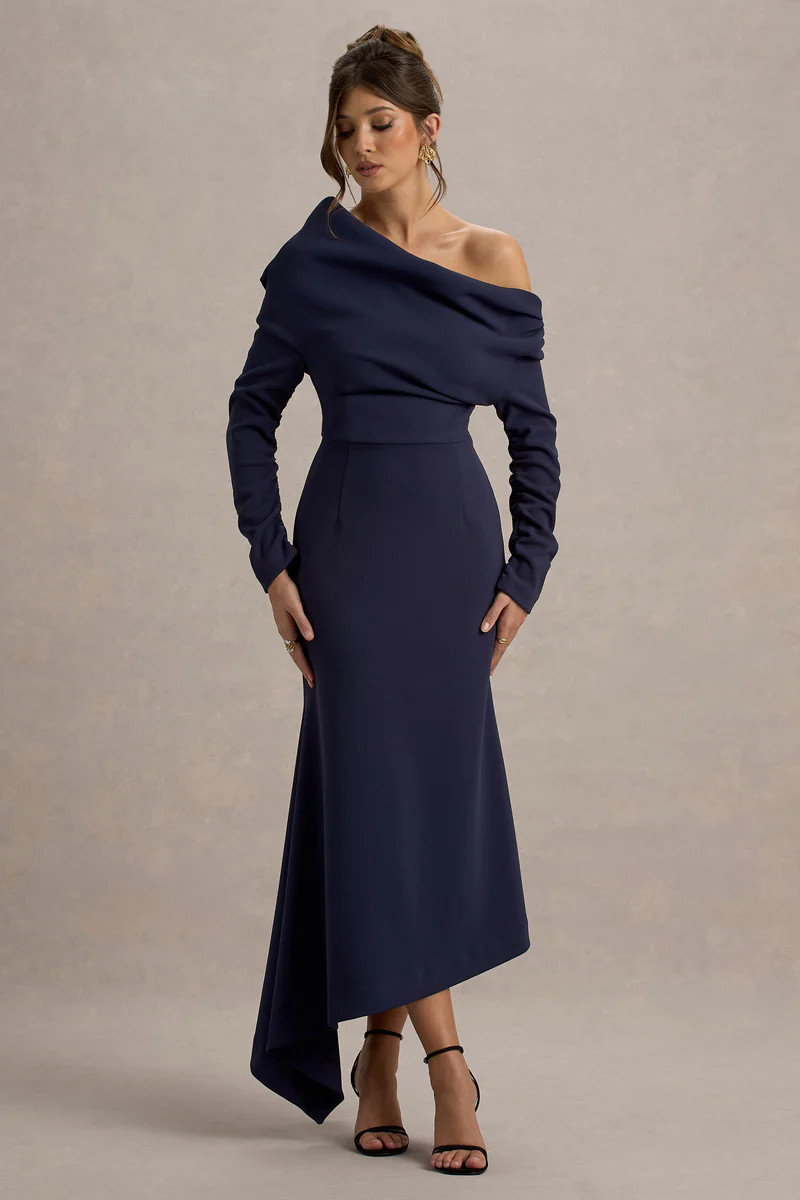 Lou | Navy One-Shoulder Asymmetric Maxi Dress | Club L London