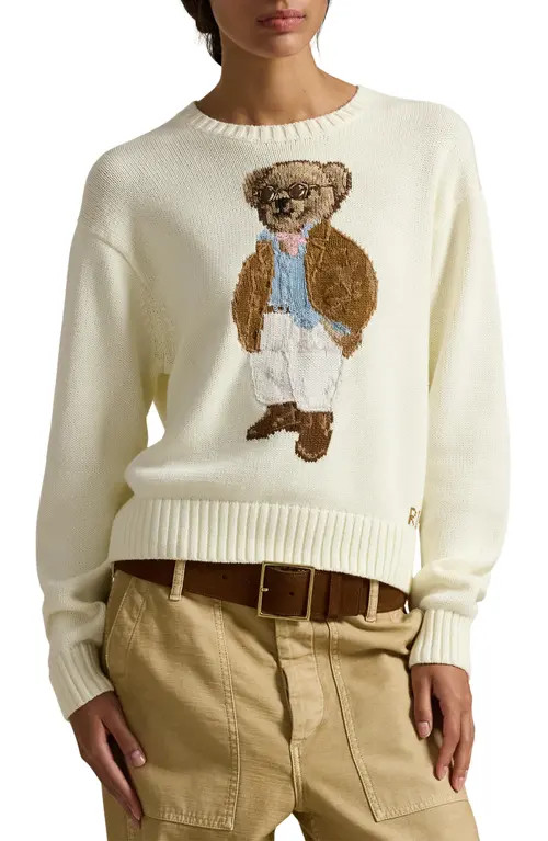 Polo Ralph Lauren Traveler Bear Jacquard Cotton Crewneck Sweater in Parchment Cream at Nordstrom, Size Medium | Nordstrom