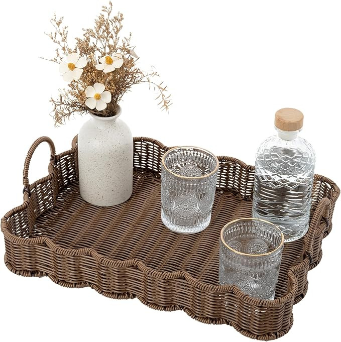 GRANNY SAYS Wicker Decorative Scalloped Trays for Home Decor, Coffee Table Trays with Handles, Wo... | Amazon (US)