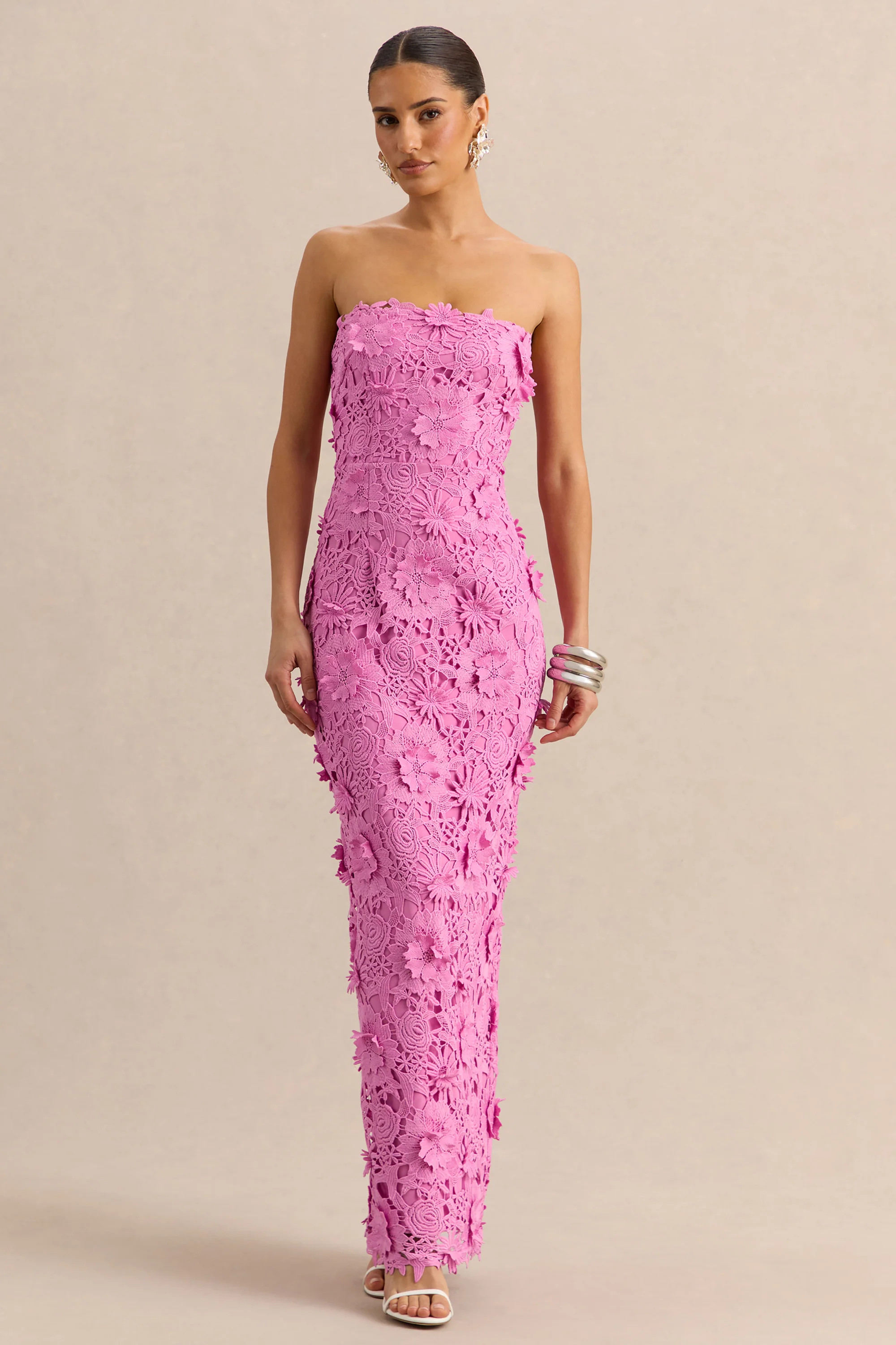 Gracie | Pink Lace Bandeau Maxi Dress | Club L London