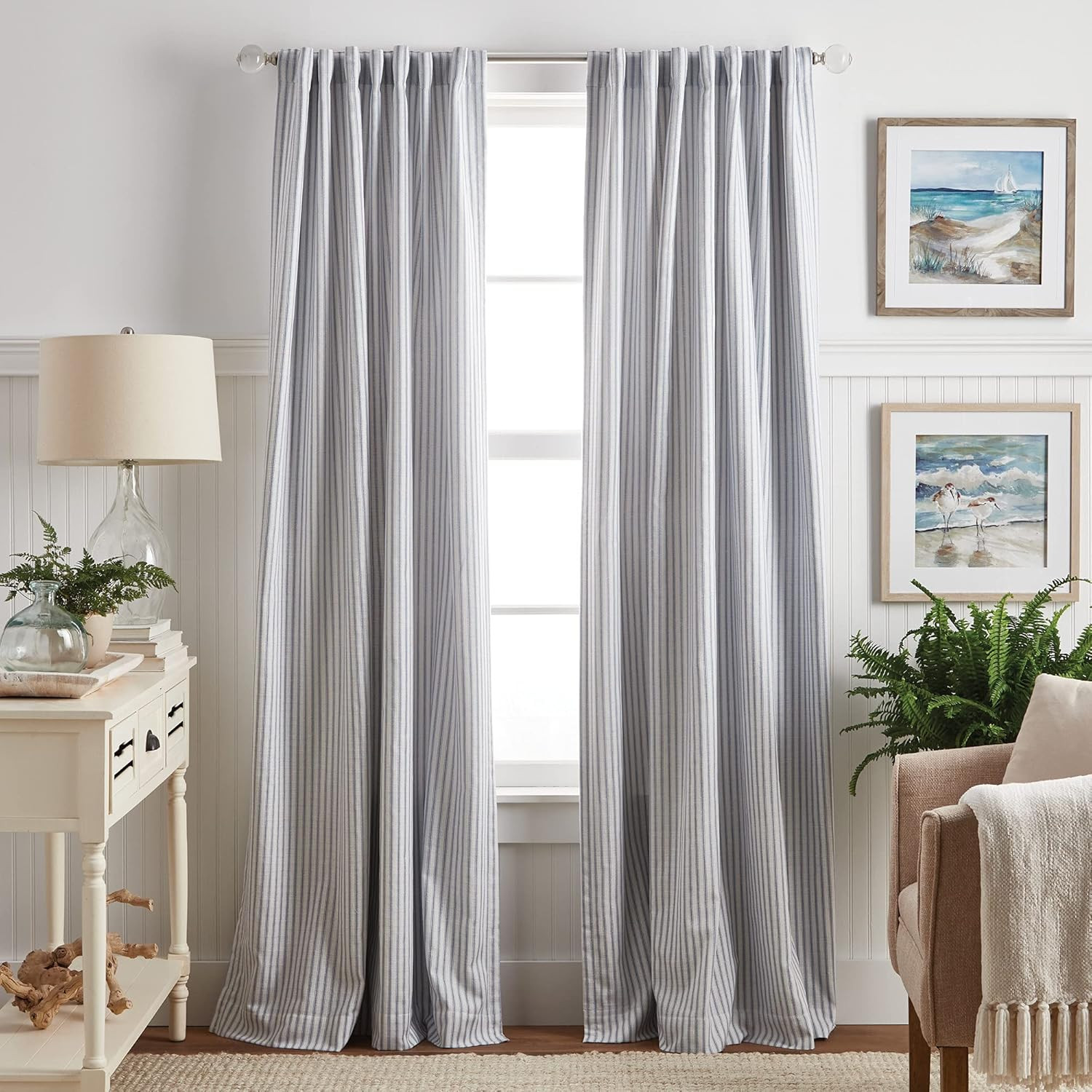Martha Stewart Ticking Stripe Blackout Lining Rod Pocket/Back Tab Window Curtain Panel Pair, 95",... | Amazon (US)