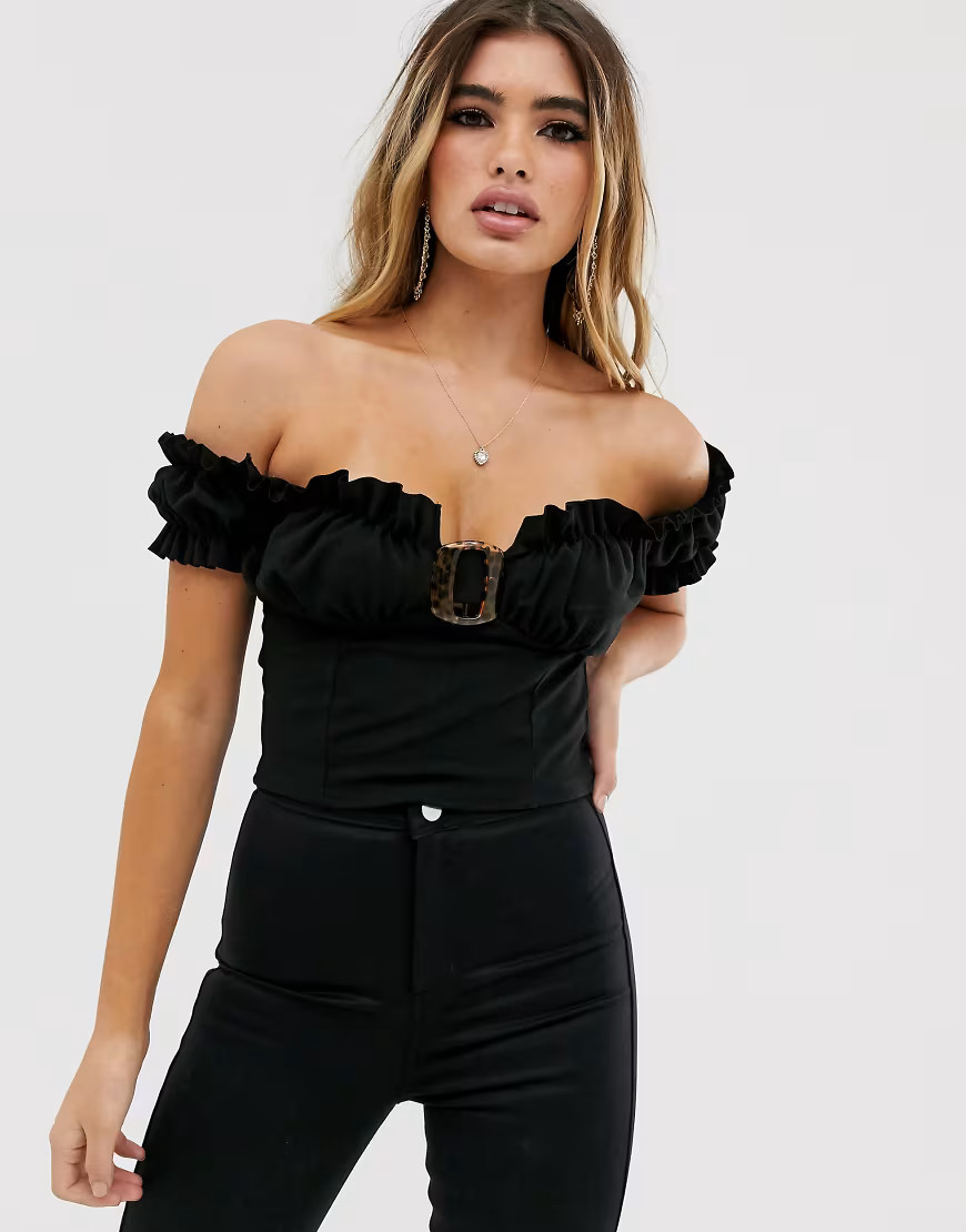 Missguided milkmaid bardot crop top with buckle in black | ASOS (Global)
