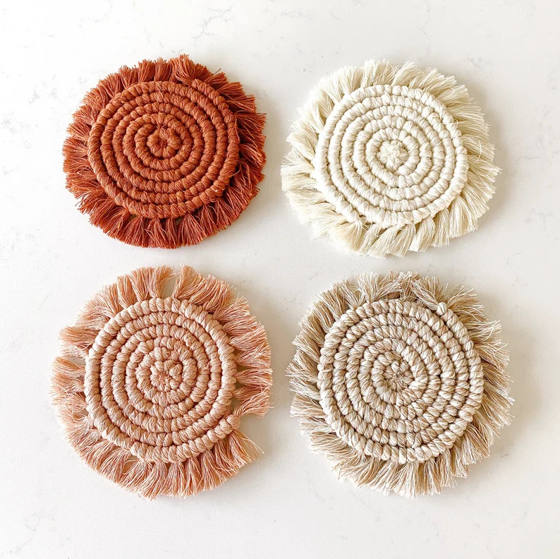 4 Coaster Set / Slate Fir Evergreen Aloe Cream / Macrame Coaster / Housewarming Gift / Wedding De... | Etsy (US)