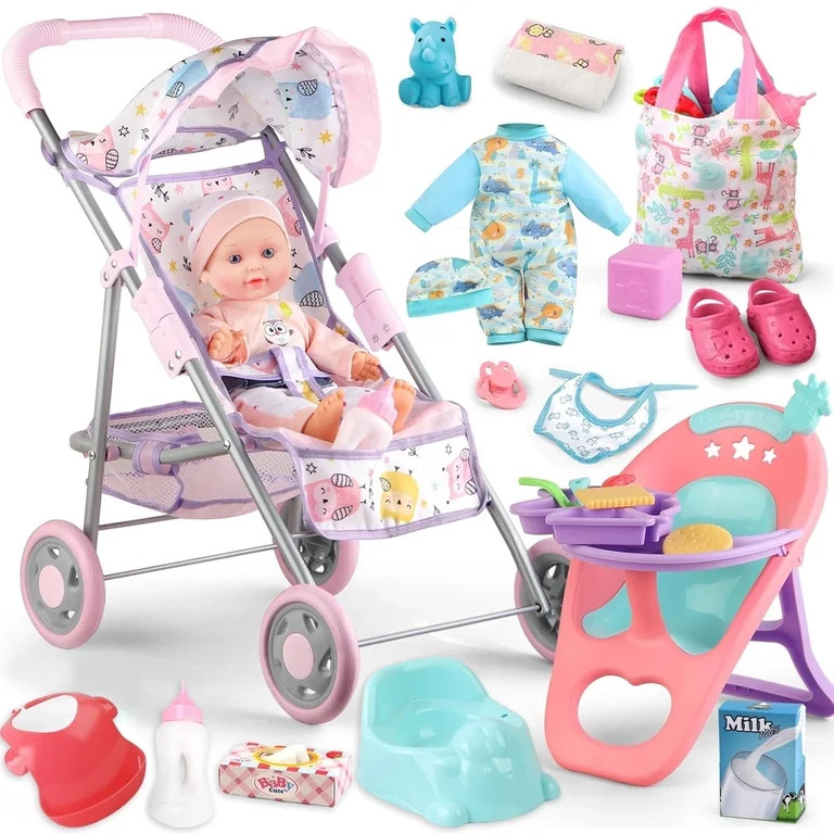 Aijohnny Baby Doll Stroller Toys Set with 12" Baby Doll, Dining Chair, Accessories and 2 Sets Clo... | Walmart (US)