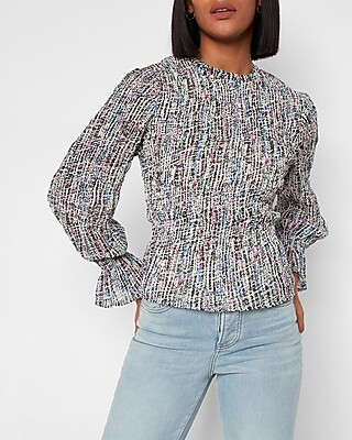 Abstract Print Smocked Balloon Sleeve Peplum Top | Express