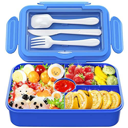 DaCool Bento Lunch Box for Kids - 7.5 Cups Leakproof Large Bento-Style with 4 Compartments Portions Lunchbox with Tableware Back to School, Reusable On-the-Go Meal and Snack Packing, Blue | Amazon (US)