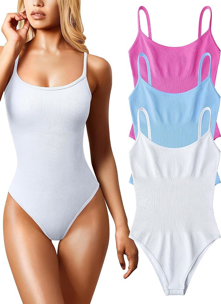 OQQ Women's 3 Piece Bodysuits Sexy Ribbed Sleeveless Adjustable Spaghetti Strip Tops Shapewear Bo... | Amazon (US)