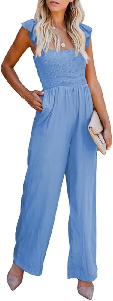 BLENCOT Womens Ruffle Spaghetti Straps High Waisted Long Wide Leg Jumpsuits Rompers S-XXL | Amazon (US)