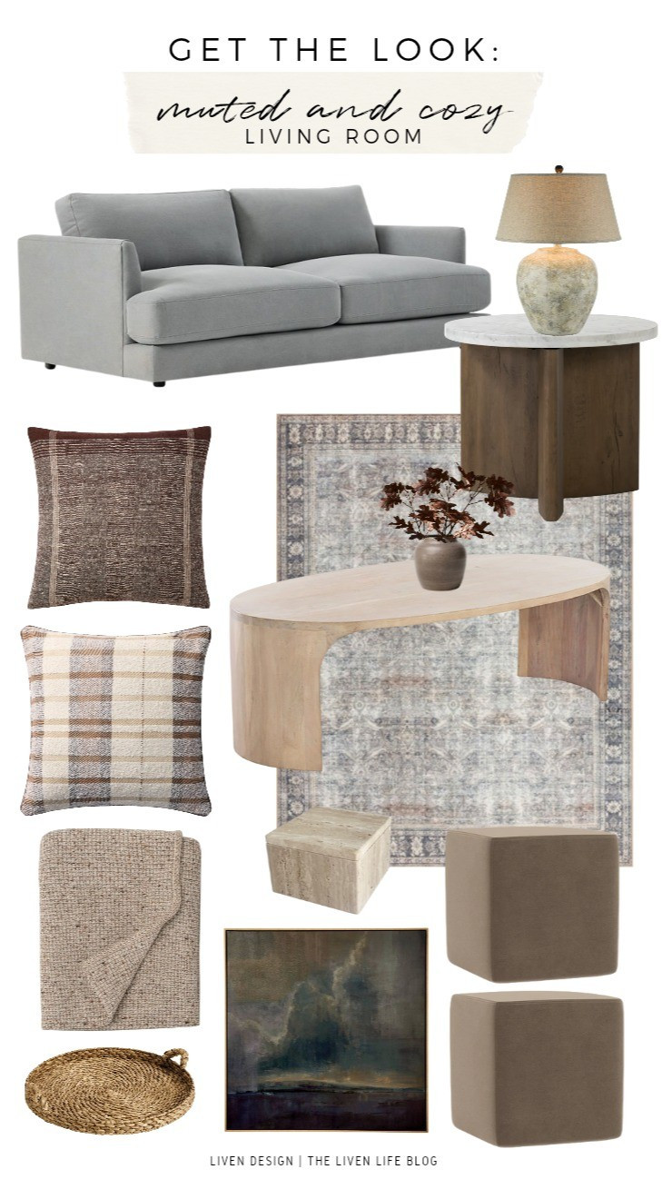 Muted cozy living room. Home decor. Neutral decor. Sofa. Marble wood accent side table. Earthy ceramic lamp. Vase. Throw pillows. Distressed antique rug. Wall art. Modern decor. Coffee table. 

#LTKSeasonal #LTKHome #LTKSaleAlert