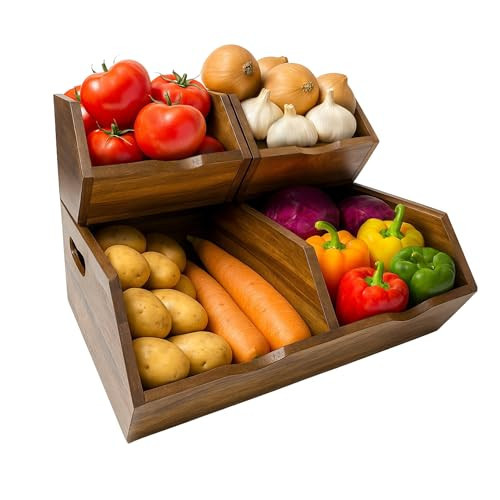 LUSHZLUMBERA Acacia Wood Pantry Storage Bins, Stackable Storage Baskets Potato and Onion Storage Bins, Pantry Organizer Wooden Baskets Organization and Storage, Set 3 Pieces | Amazon (US)