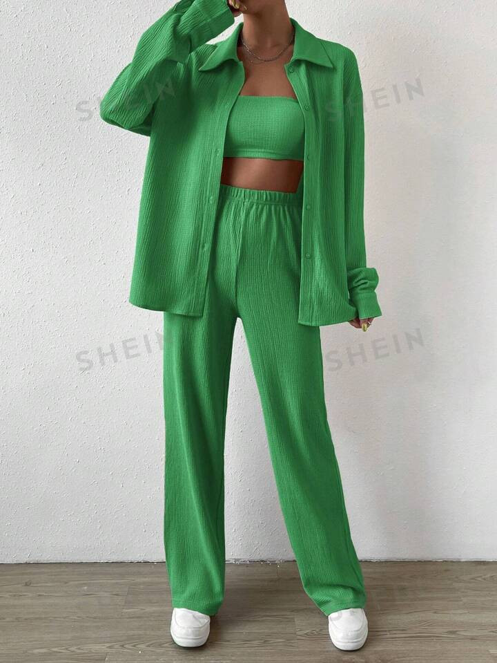 SHEIN EZwear Solid Drop Shoulder Shirt & Tube Top & Pants | SHEIN