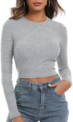 Artfish Women's Round Neck Long Sleeve Knit Ribbed Fitted Crop Top Casual Basic Shirts | Amazon (US)