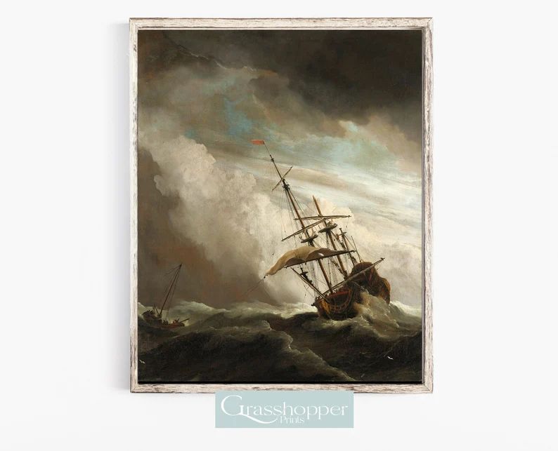 Moody Boat Seascape, Vintage Ship Painting, Antique Nautical Ocean Print, PRINTABLE Wall Decor, D... | Etsy (US)