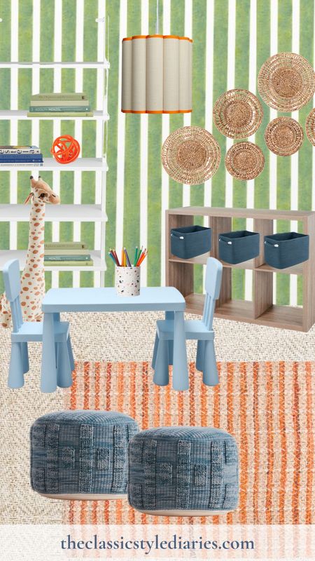 Cute playroom design with some pattern play. Green wallpaper, orange rug, blue play table and blue poufs. Woven wall decor and more fun accents! 
#playroom #playroomdesign #kidsroom #edesign

#LTKstyletip #LTKhome
