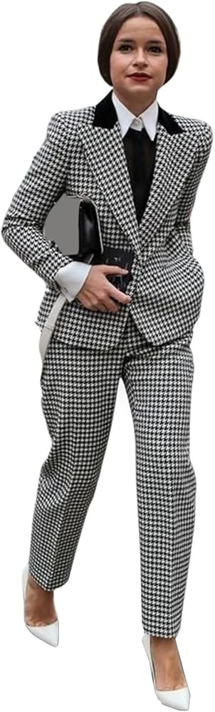 Women's Houndstooth 2 Pieces Suit One Button Jacket and Pants Business Office Lady | Amazon (US)