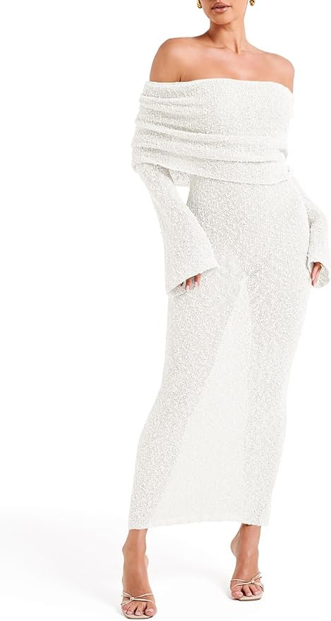 Saodimallsu Womens Off Shoulder Summer Maxi Dress Bell Long Sleeve Sexy Bodycon Strapless Sheer B... | Amazon (US)