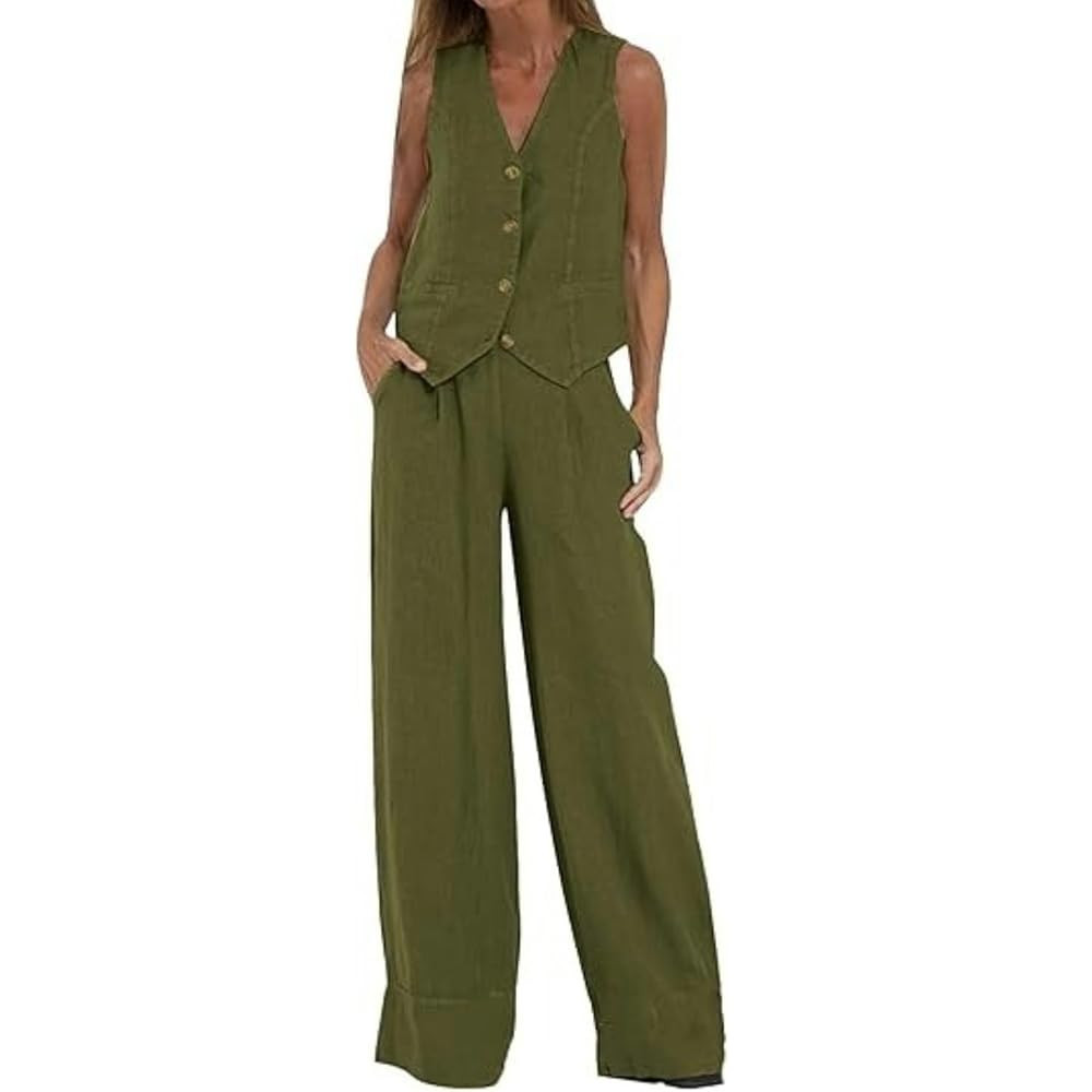 Linen Sets for Women 2 Piece Outfits Linen Pant Sets Casual Button Waistcoat V Neck Crop Vest Bla... | Amazon (US)