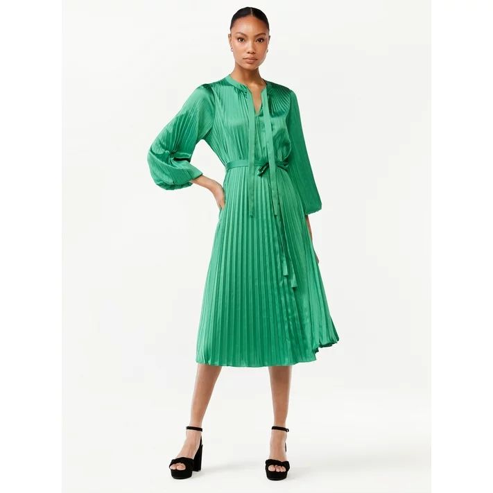 Scoop Women's Blouson Sleeve Belted Waist Pleated Oversized Midi Dress | Walmart (US)
