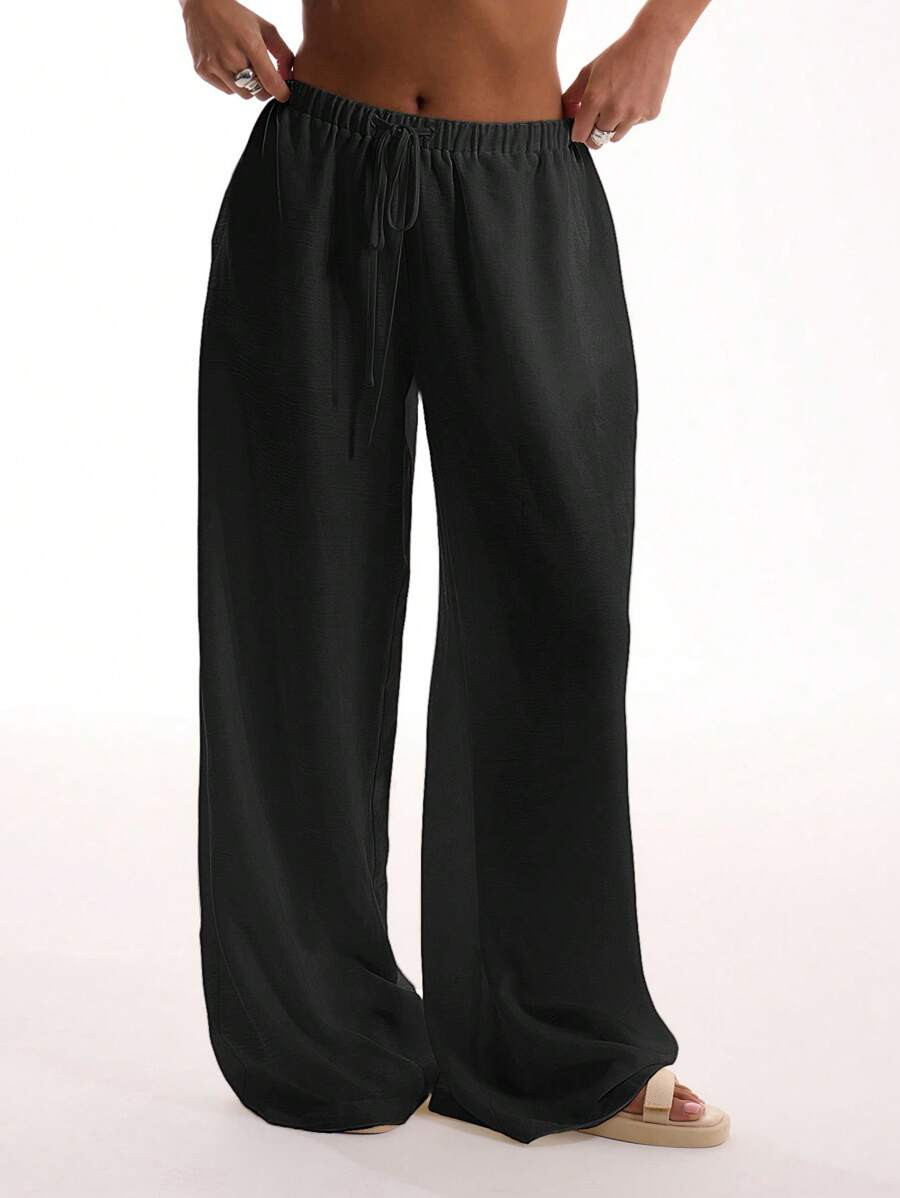 MUSERA Textured Linen Feel Tie Waist Trouser Vacation Summer Spring | SHEIN